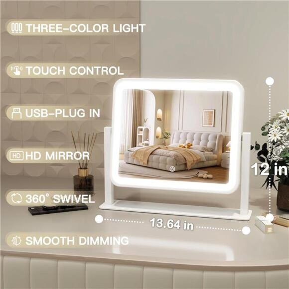 Vanity Mirror with Lights, 14"×12" LED Makeup Mirror, Lighted Makeup Mirror - Picture 3 of 7